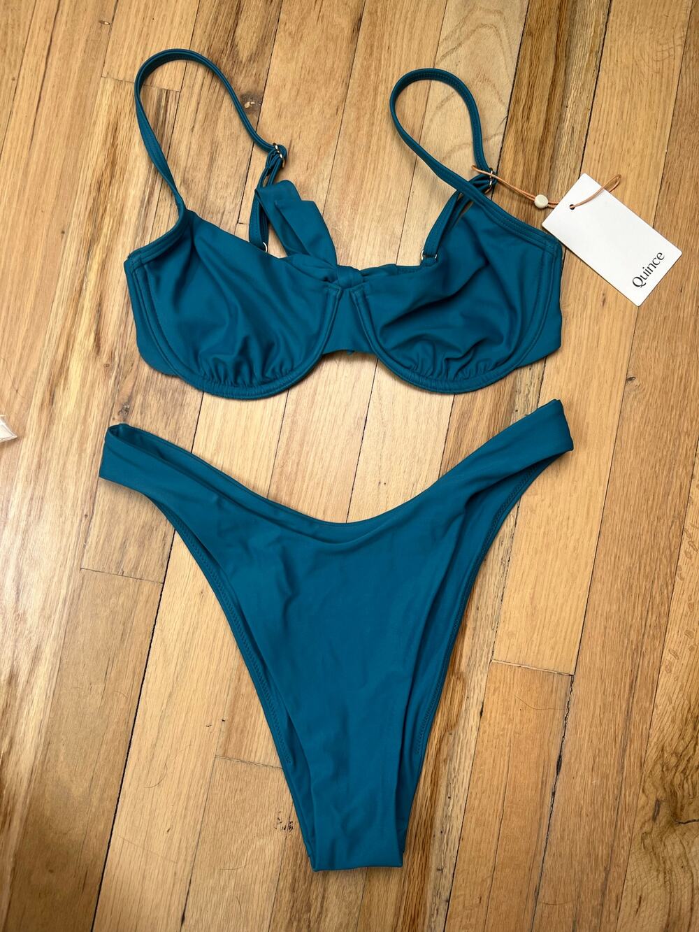 NEW Quince Teal Blue Bikini Set Swimsuit Underwire Top Cheeky Bottom Italian S